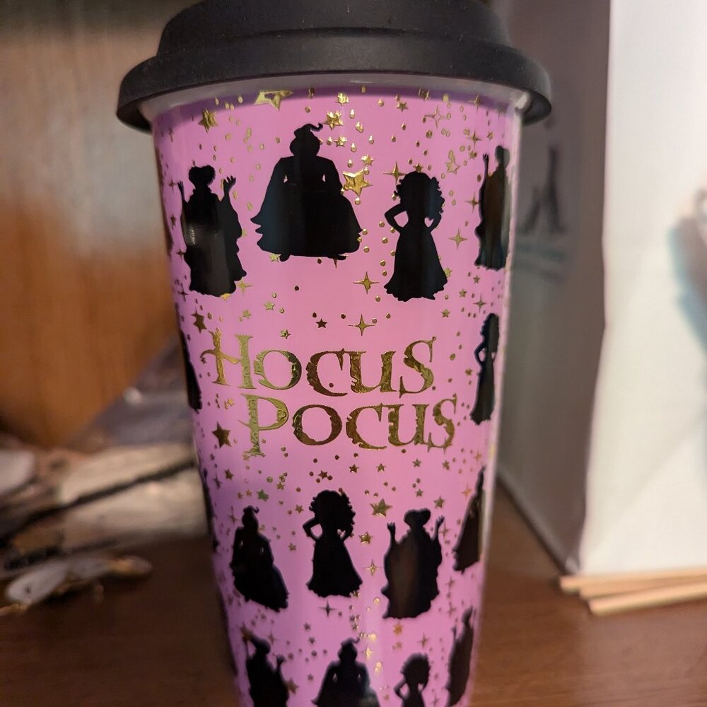 Hocus Pocus Disney Purple Ceramic Travel Mug Gold Stars Spirit Halloween 14 oz